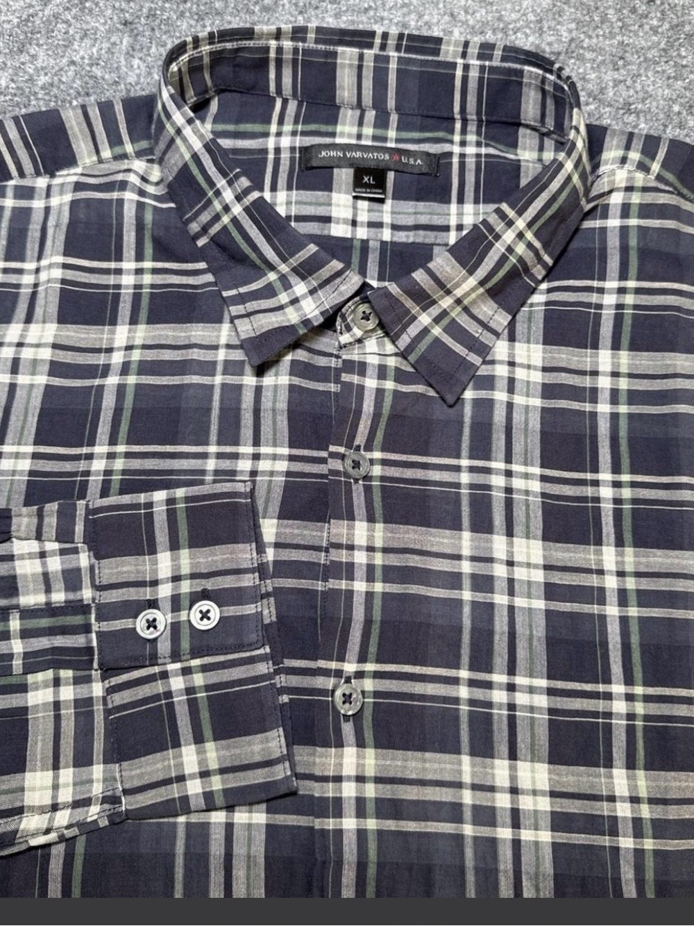 Designer John Varvatos Men’s Navy/Green Plaid Button-Up Shirt